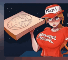 a girl wearing a red shirt that says deliver pizza is holding a box of pizza .