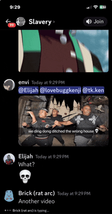 a phone screen shows a conversation between elijah and brick about another video