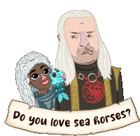 a cartoon of a man and a woman with the words do you love sea horses on a scroll