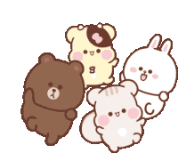 a group of cartoon characters including a brown bear and a rabbit