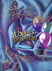 a birthday card with purple balloons and a purple cupcake