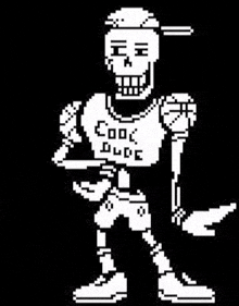 papyrus from undertale is wearing a t-shirt that says `` cool dude '' .