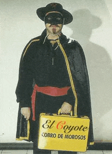 a man dressed as el coyote holding a briefcase