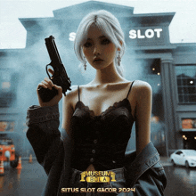 a woman holding a gun in front of a building that says slot on it