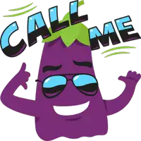 a purple eggplant with sunglasses and the words call me on it