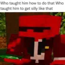 a red minecraft character with sunglasses and a cross on his chest is holding a knife .