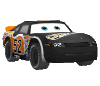 a black and orange race car with the number 52 on it