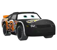 a black and orange race car with the number 52 on it