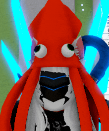 a red squid with big eyes and a black mask