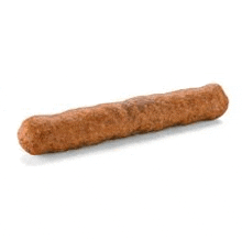 a close up of a sausage on a stick on a white background .