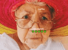 an elderly woman wearing glasses and a red hat has the name martha on her face