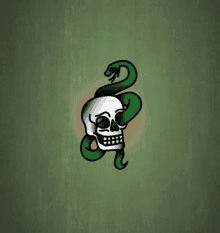 a skull with a green snake around its neck