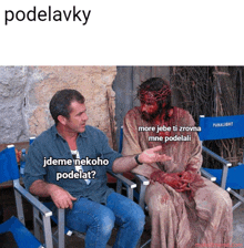 a man sitting next to a bloody jesus with the word podelavky on top