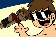 a cartoon of a man wearing sunglasses holding a dead man 's head