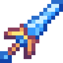 a pixel art of a sword with a blue blade and a red handle .