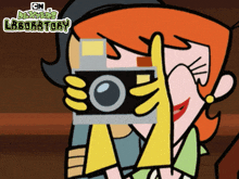 a cartoon of a woman taking a picture with cn dexter 's laboratory in the background