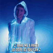 a person wearing a glow in the dark jacket with the words bake me a party as dope as you can