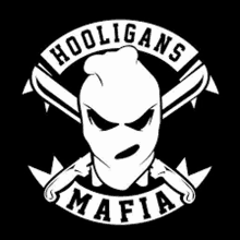 a black and white logo for hooligans mafia with a skull and bats .