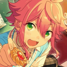 a girl with pink hair and green eyes is holding a pastry with strawberry jam on it .