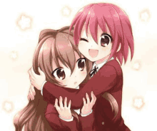 two anime girls are hugging each other .