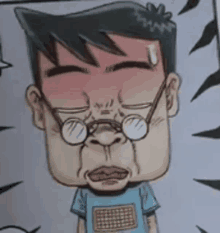 a cartoon of a man wearing glasses and a blue shirt is making a funny face .