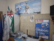 a blue sign that says coraggio nel posto futuro hangs on a wall