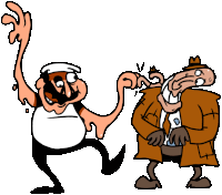 a cartoon of a man with a long arm standing next to another man in a brown coat