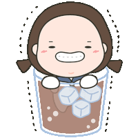 a cartoon of a girl sitting in a glass of iced tea