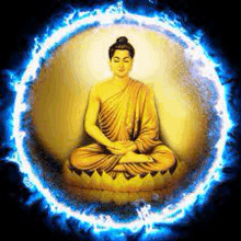 a painting of buddha sitting in a lotus position in a circle of fire surrounded by flames .