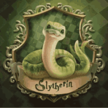 a picture of a snake with the word slytherin written on it