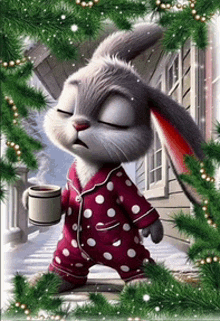 a cartoon rabbit is holding a cup of coffee while wearing pajamas .