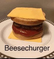 a hamburger with cheese , ketchup , and a bun on a plate .