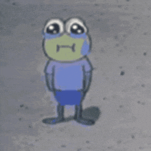 a cartoon frog wearing a blue shirt and blue shorts is standing on a gray surface .