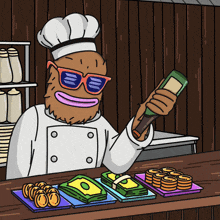 a cartoon of a chef holding a bottle and a stack of money