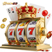 a slot machine with a crown and playing cards behind it