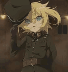 a girl with blonde hair and blue eyes is wearing a hat and a military uniform .