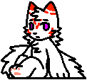 a pixel art drawing of a white cat with red and white fur and purple eyes .