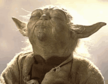 a close up of a statue of yoda from star wars with his eyes closed and his mouth open .