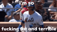 a mets baseball player is standing on the field with the words `` i 'm so fucking fat and terrible '' behind him .