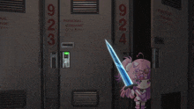 a girl holds a sword in front of a locker that says personal storage