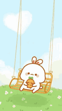 a cute cartoon rabbit is sitting on a swing holding a carrot .