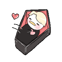 a cartoon of a duck laying in a coffin with hearts around it