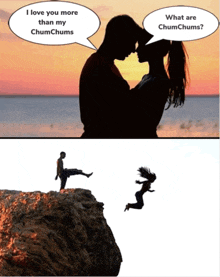 a couple standing on a cliff with a speech bubble that says i love you more than my chumchums