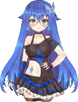 a blue haired anime girl with glasses and a butterfly on her hair