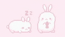 a pixel art of two rabbits , one sleeping and one eating , on a pink background .