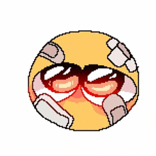 a pixel art drawing of a smiley face with glasses and a hand on it .