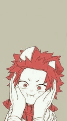 a drawing of a boy with red hair and cat ears making a face .