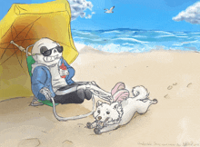 a drawing of a skeleton sitting under an umbrella on a beach with a dog