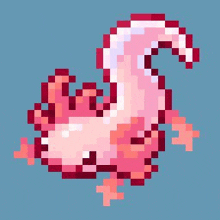 a pixel art drawing of a pink axolotl with a long tail .