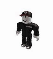 a roblox character is wearing a black shirt and a red hat .